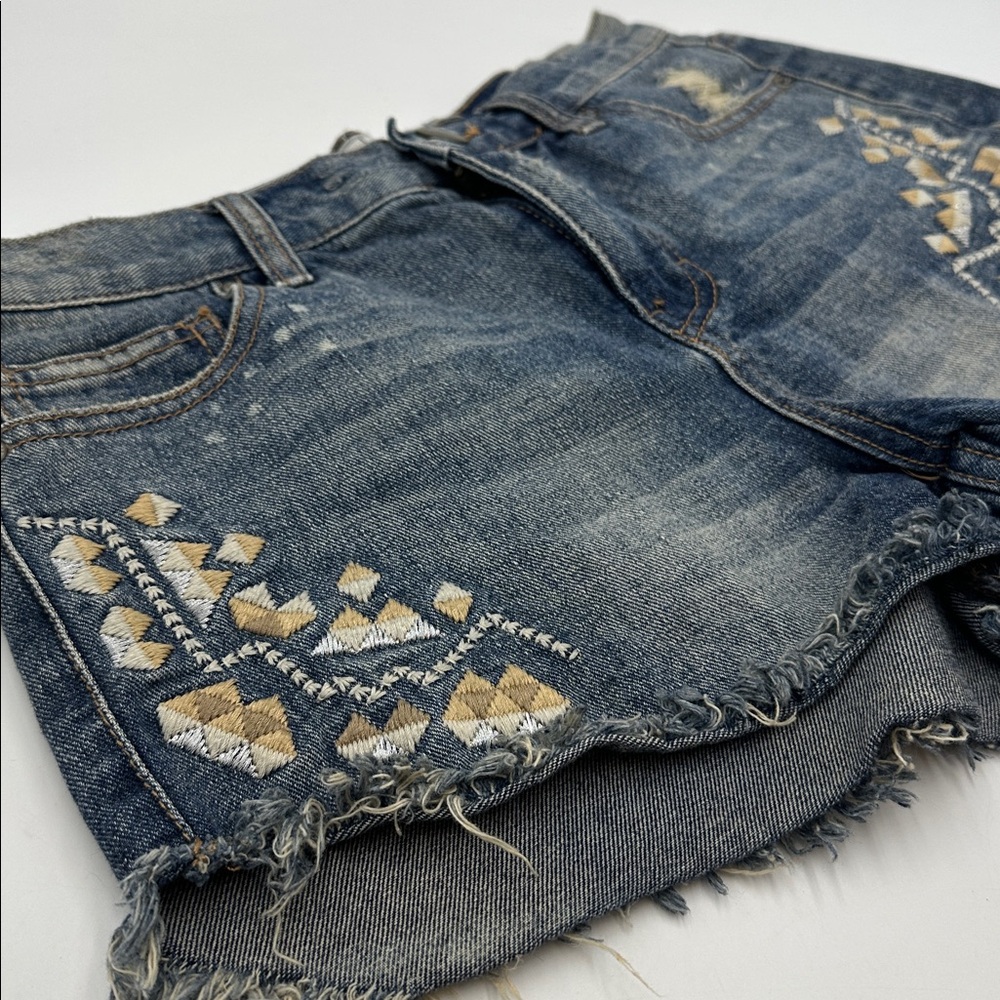 Free People Tulum Embroidered Raw Hem Distressed Jean Shorts Festival Ready
